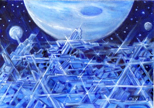 "Exoplanetscape 14" by John P. Alexander, imagining a sentient alien life-form based on superconducting crystals, on the cold moon of a distant exoplanet