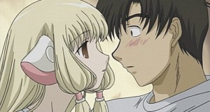 "Hideki? Chii persocom. Chii not human. Can't do some things. But Chii wants to be together with Hideki." "I want to be together with you too, Chii." (Chii and Hideki, Chobits episode 24, "The Person Only For Chii" - image © 2002 Clamp / Madhouse Inc., <a href="https://animalpeopleforum.org/beyondhuman/copyright-and-fair-use/">fair use</a>)