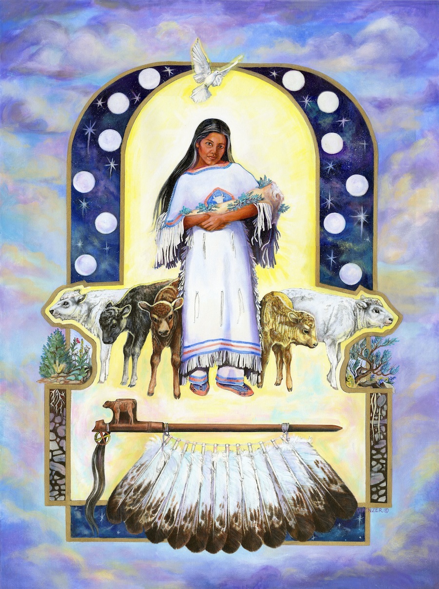 "White Buffalo Calf Woman and the Sacred Pipe," © <a href="http://www.marcinequenzer.com/">Marcine Quenzer</a>. White Buffalo Calf Woman is an important culture hero to the Sioux of the North American Great Plains. According to Black Elk (1863-1950), a famous Sioux holy man, all life descends from Father Sky God and Mother Earth God, themselves children or manifestations of a supreme Great Spirit. This Great Spirit sent White Buffalo Calf Woman to the Sioux nation in ancient times. She blessed them with the gift of a sacred "peace pipe" and taught them their religion and government, before transforming into a white buffalo.