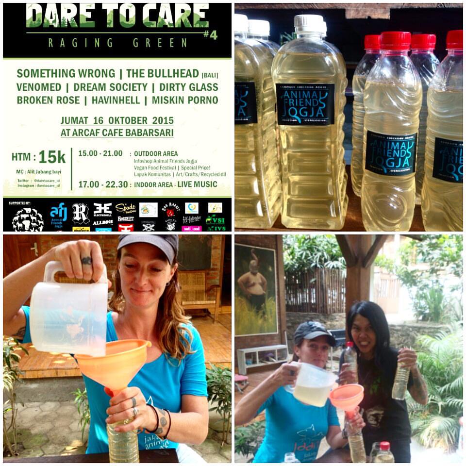 Ina and Femke bottling coconut oil to sell at Raging Green, as an alternative to palm oil. Courtesy Animal Friends Jogja, all rights reserved.