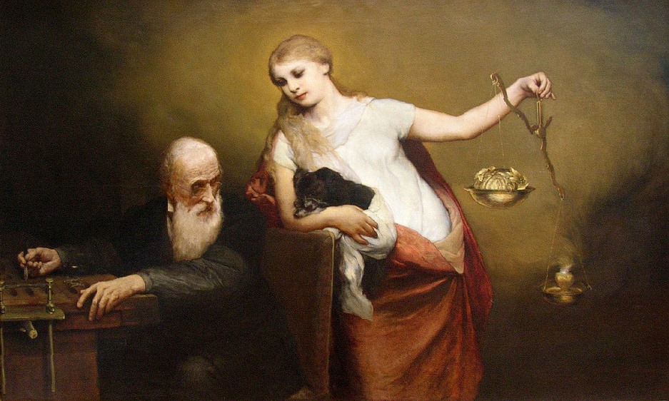 "Der Vivisektor" by Gabriel von Max (1883). Lady Justice cradles a small dog while weighing the brain against the heart on her scale. The "vivisector" is meant to resemble Charles Darwin.