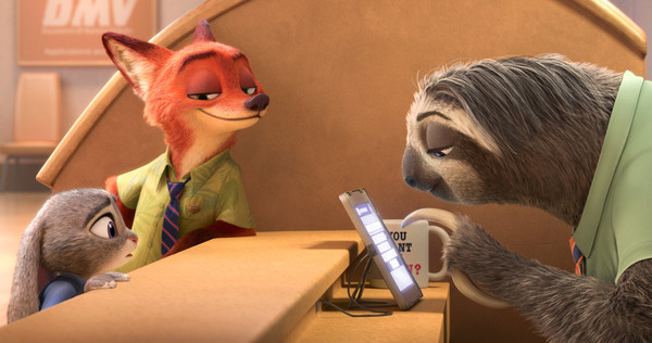 Judy and Nick, Zootopia's protagonists, at the DMV with Flash the sloth (© Disney 2016, fair use)